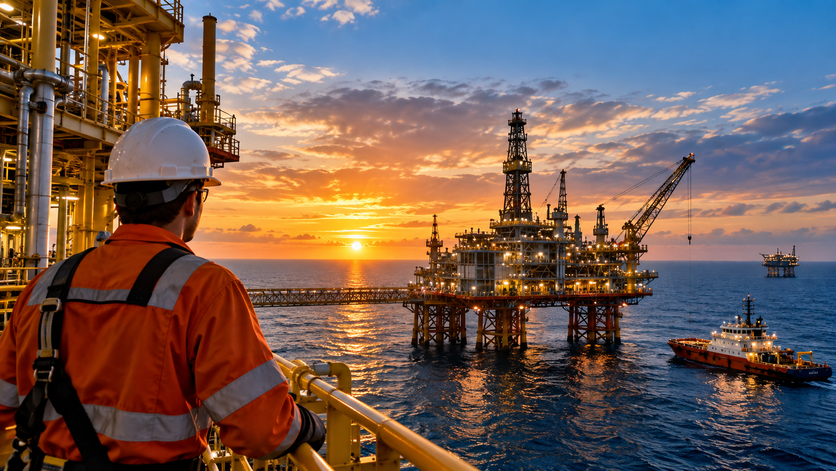 Offshore energy infrastructure at sunset